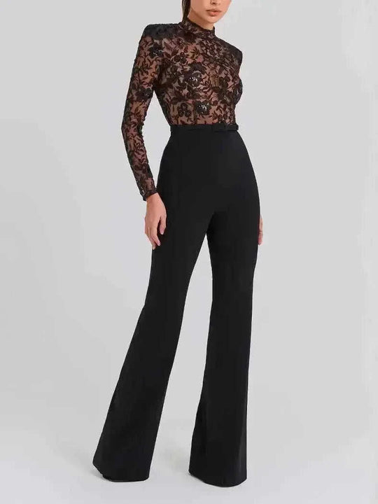 Black See-through Lace Long-sleeved Trousers Jumpsuit Black - texture and material detail