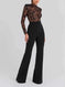 Black See-through Lace Long-sleeved Trousers Jumpsuit Black - texture and material detail