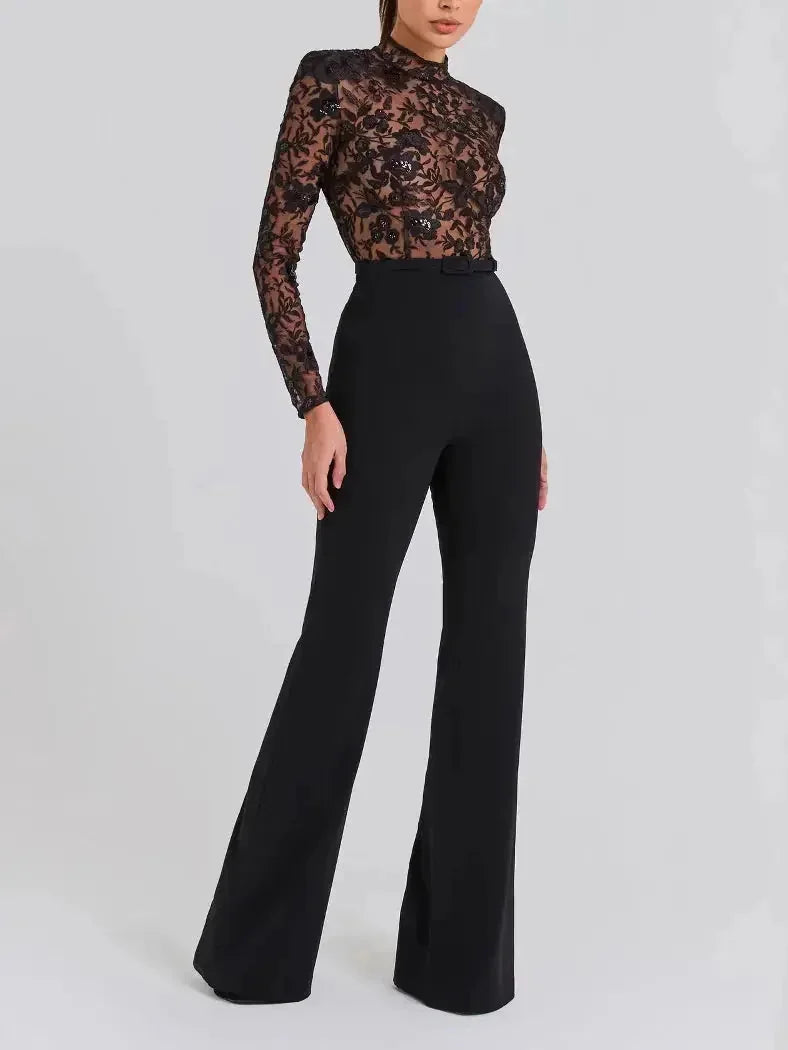 see-through lace jumpsuit | black lace long-sleeved romper | mesh panel trousers jumpsuit | energy saving