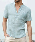 linen blend fabric | relaxed fit shirt | short sleeve button down | energy saving