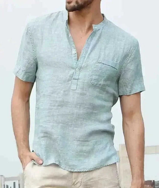 Casual Linen Solid Color Shirt Button V Neck Beach Shirt Men Summer Tops - Meifu Market
