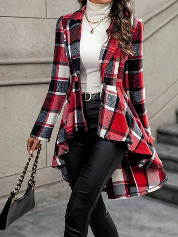Plaid Pattern Button Front Jacket Long Sleeve High And Low Flared Jacket Meifu Market