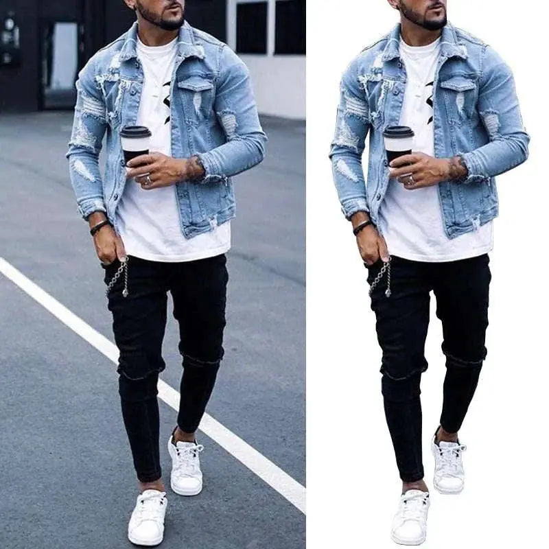 ripped denim jacket for men | irregular washed lapel jacket | distressed mens denim coat | energy saving