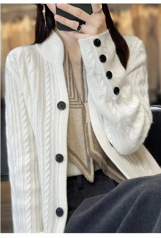 Pure Wool Cardigan Women's Stand Collar Outer Sweater Loose Knitted Coat