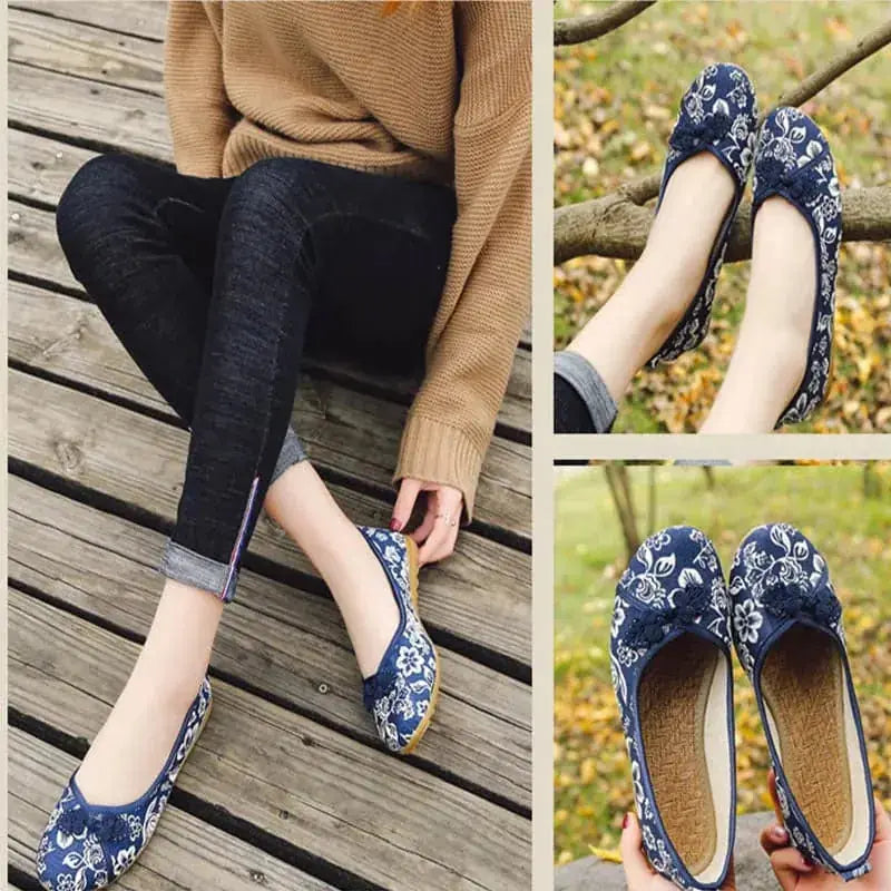 flat bottom cloth shoes | embroidered beef tendon sole | national style footwear | ultrasonic cleaning