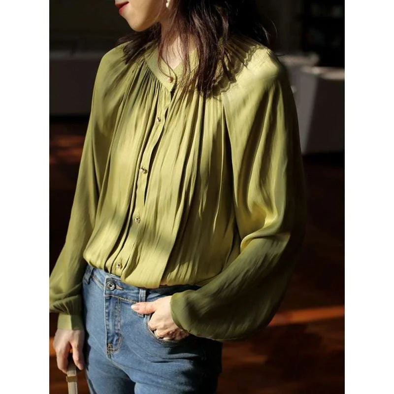 polyester acetate silk blouse | retro satin womens shirt | european style silk blouse | ultrasonic cleaning
