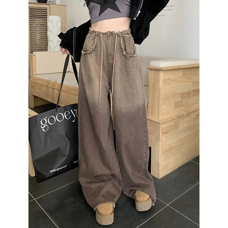 high-waisted wide leg pants | drawstring waistband pants | straight leg trousers | ultrasonic cleaning