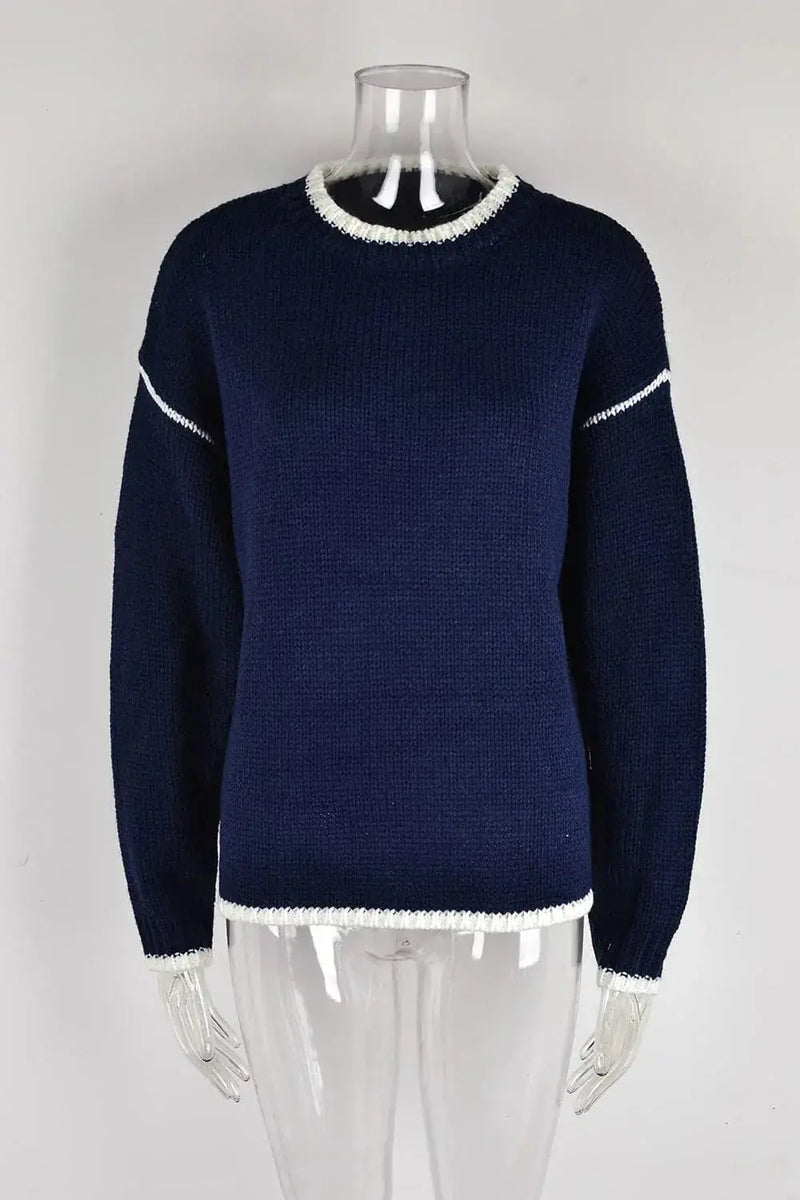 patchwork knit pullover | striped round neck sweater | contrast color knitwear | ultrasonic cleaning