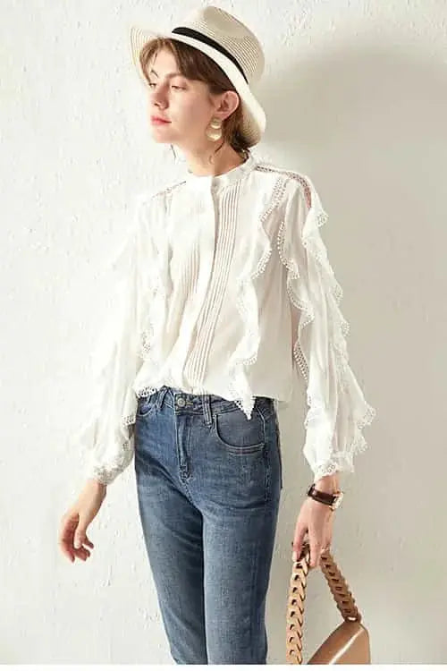 linen blend shirt | loose fit blouse | elegant lace detailing | ultrasonic cleaning
