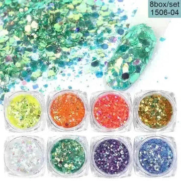 8-Box Mix Glitter Nail Art Powder Flakes Set | Holographic & Chrome Nail Glitter