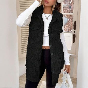 Women's Wool-Like Sleeveless Vest With Lapel, Solid Color Mid-Length Button Up Waistcoat For Layering, Casual & Formal Outfits Meifu Market