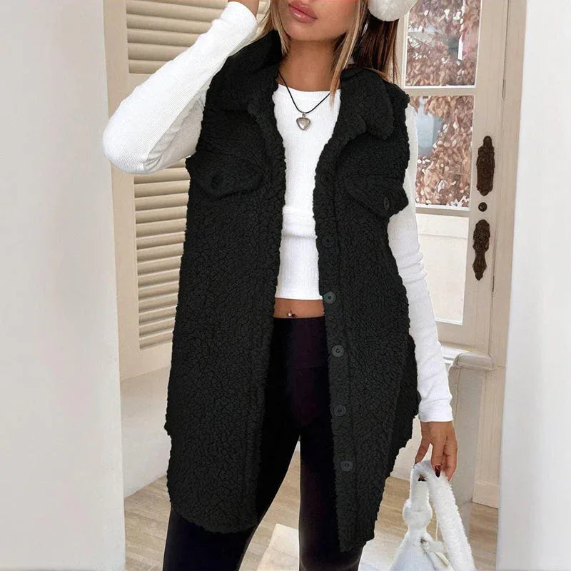 Women's Wool-Like Sleeveless Vest With Lapel, Solid Color Mid-Length Button Up Waistcoat For Layering, Casual & Formal Outfits Meifu Market