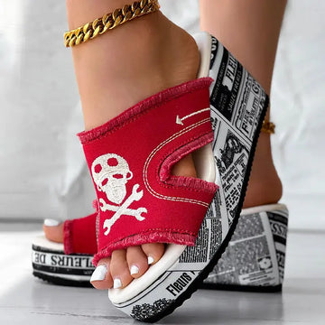 Newspaper Skull Original Hem Platform Wedge Slides - Anklet Not Included Meifu Market