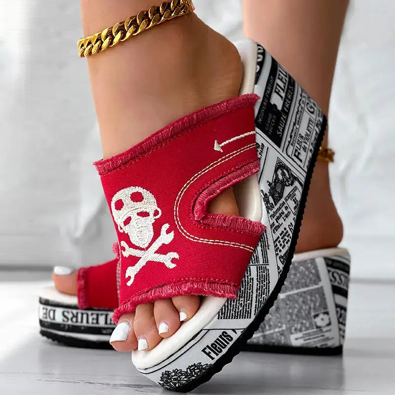 Newspaper Skull Original Hem Platform Wedge Slides - Anklet Not Included Meifu Market