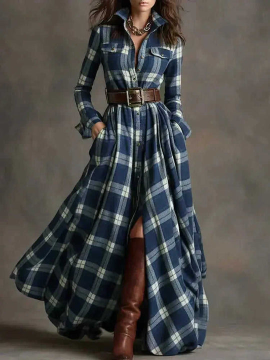 French Retro Plaid Dress - Plus Size Belted Waist Irregular Hem Dress Meifu Market