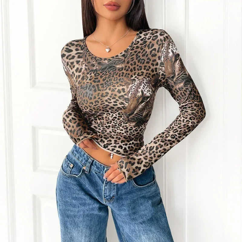 Women's Vintage Leopard Print Long-sleeved T-shirt Meifu Market