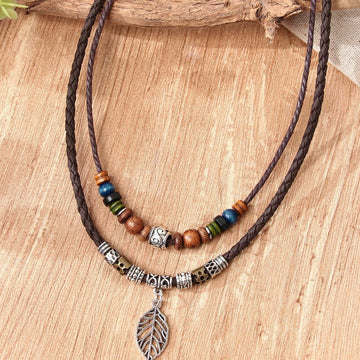 women pu leaf necklace | wooden bead jewelry | party necklace for women | energy saving