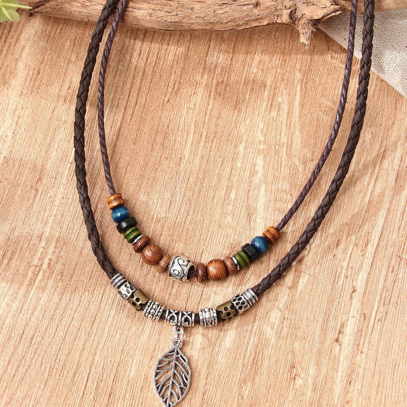 women pu leaf necklace | wooden bead jewelry | party necklace for women | energy saving