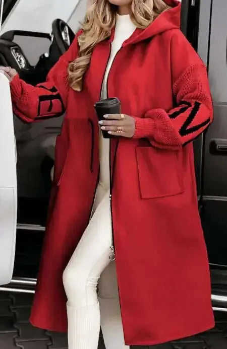 Hooded Windbreaker Long Jacket With Pockets And Drawstring Design Solid Color Knit-Sleeved Trench Coat For Women Clothing Fall Winter Meifu Market