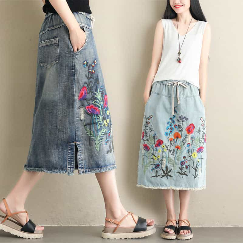 Plus Size Ethnic Style Denim Heavy Embroidery Skirt 