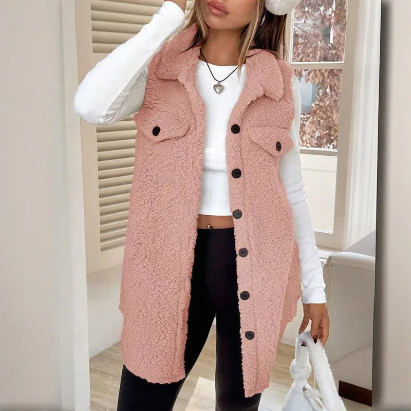 Women's Wool-Like Sleeveless Vest With Lapel, Solid Color Mid-Length Button Up Waistcoat For Layering, Casual & Formal Outfits Meifu Market