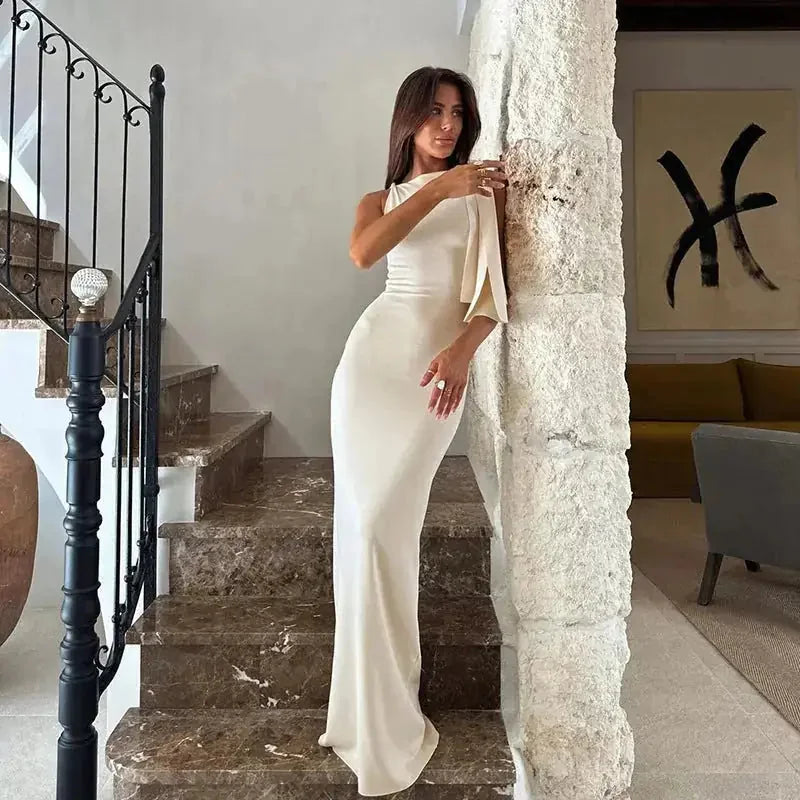 one shoulder evening dress | ribbon detail party dress | slim fit sleeveless dress | ultrasonic cleaning