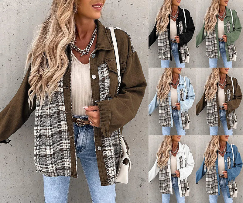 Denim Jacket Long Sleeve Plaid Button Down Shirt Meifu Market
