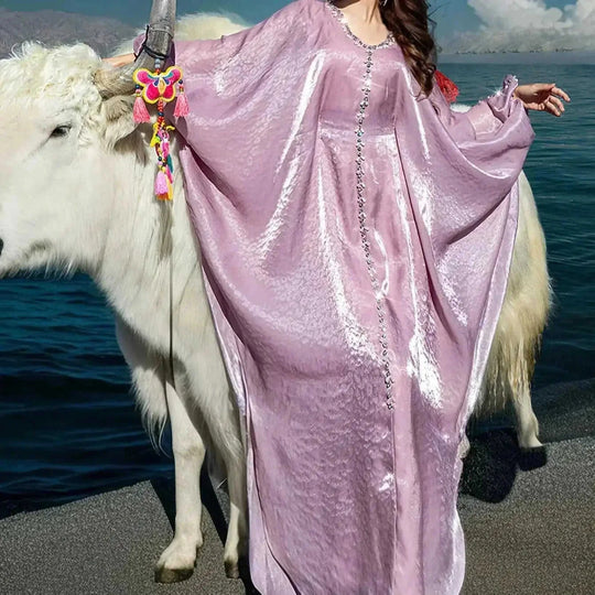 hand-stitched beaded dress | embroidered batwing sleeve cloak | arabic traditional evening gown | ultrasonic cleaning