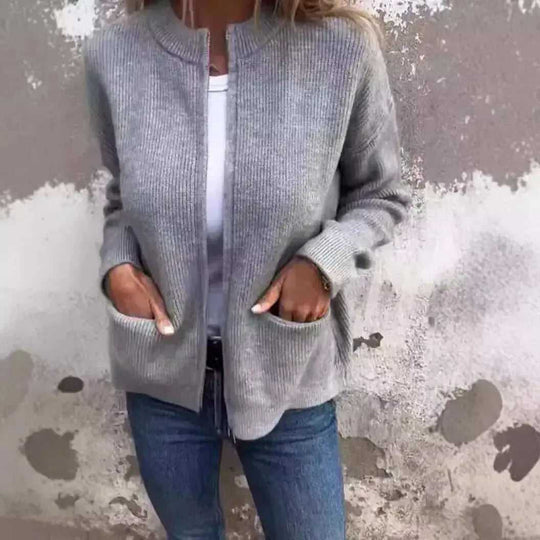 New Solid Color Casual Coat Zipper Sweater Cardigan Brown - front view 0