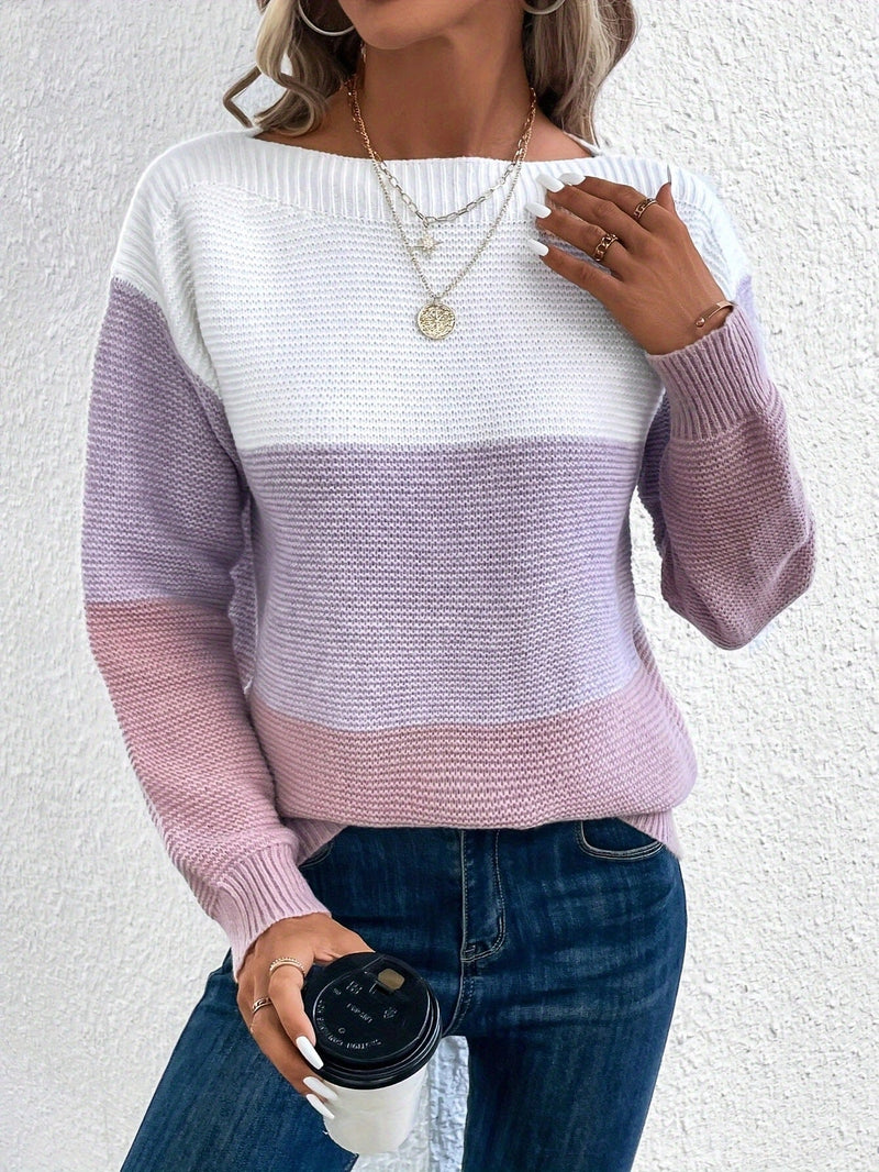 Pullover Knitted Sweater Fashion Round Neck Splicing Knitwear Loose Top Women's Clothing Meifu Market