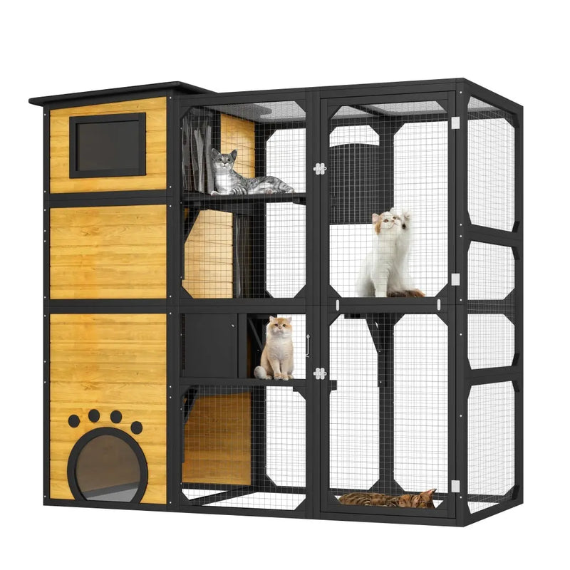 GO Large Cat Catio 4 Tiers Cat Enclosure For Outdoor, Cat House Weatherproof Attached To Window For Multiple Cats With Platforms And Resting Rooms, Brown Meifu Market