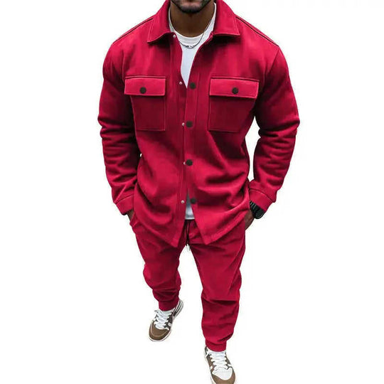 Men's Suede Solid Color Single-breasted Tooling Cardigan Two-piece Set Meifu Market