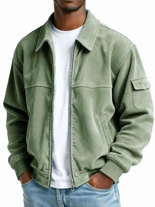 Men's Retro Corduroy Jacket - Casual Long Sleeve Pocket Coat Navy Blue - texture and material detail