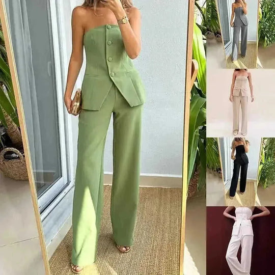 tube top and pants set | polyester spandex fabric | sleeveless button down top | ultrasonic cleaning