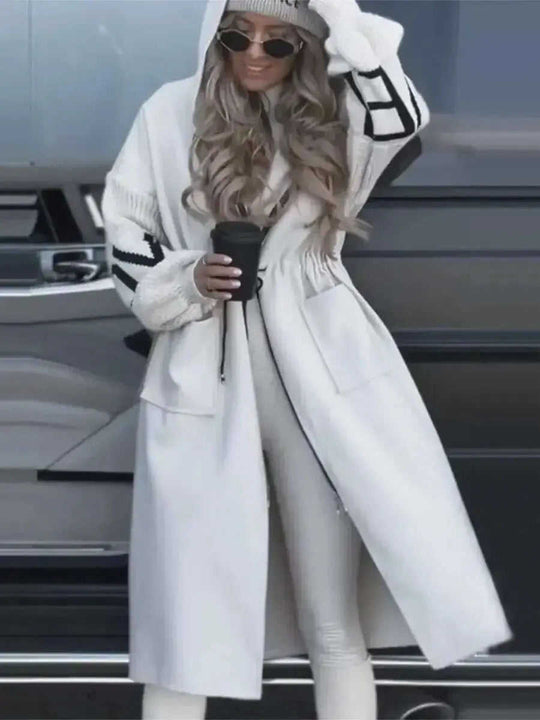 Hooded Windbreaker Long Jacket With Pockets And Drawstring Design Solid Color Knit-Sleeved Trench Coat For Women Clothing Fall Winter Meifu Market