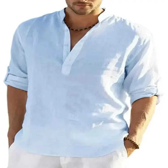 cotton linen blend fabric | loose fit long sleeve shirt | mens casual solid color shirt | energy saving