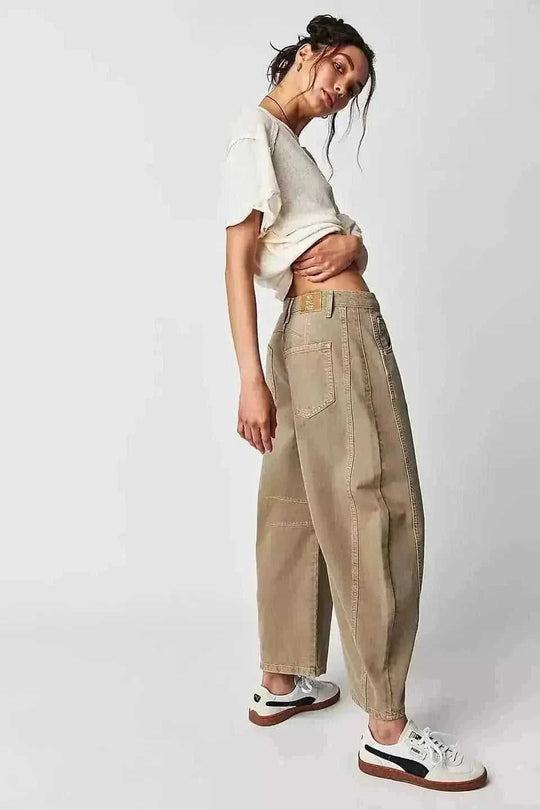low-waist wide-leg pants | washed denim fabric | high-rise casual trousers | ultrasonic cleaning