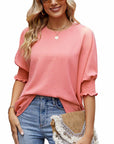 Women's Loose T-shirt With Elastic Sleeves Solid Color Outfit Fashion Tops Clothes 