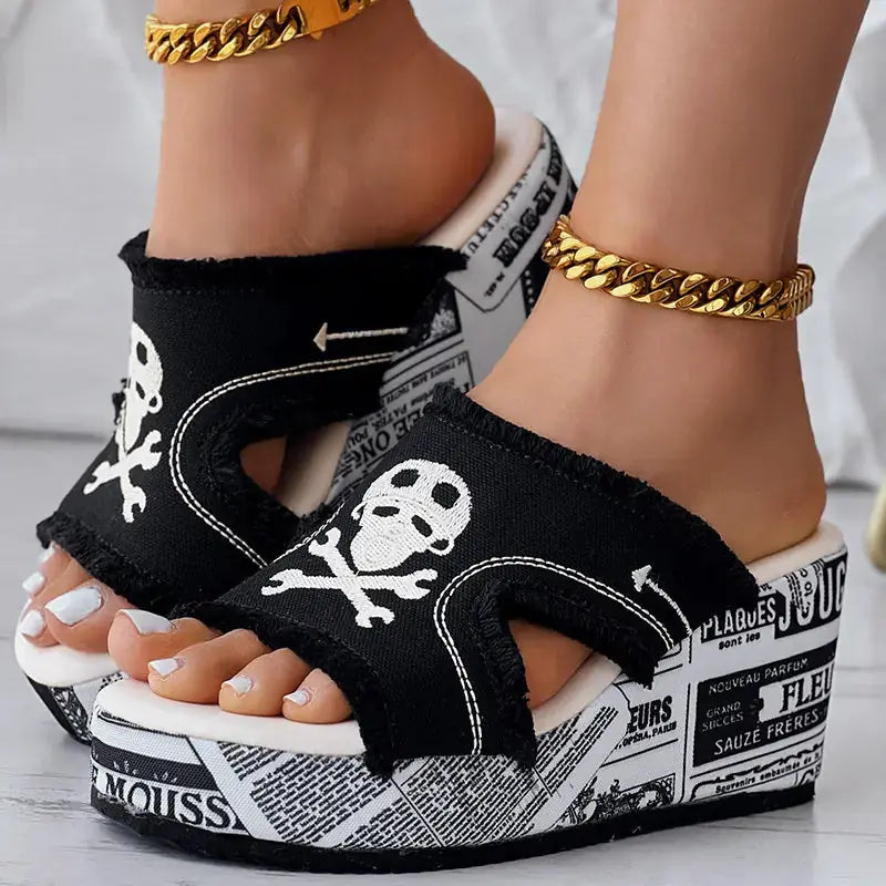 Newspaper Skull Original Hem Platform Wedge Slides - Anklet Not Included Meifu Market