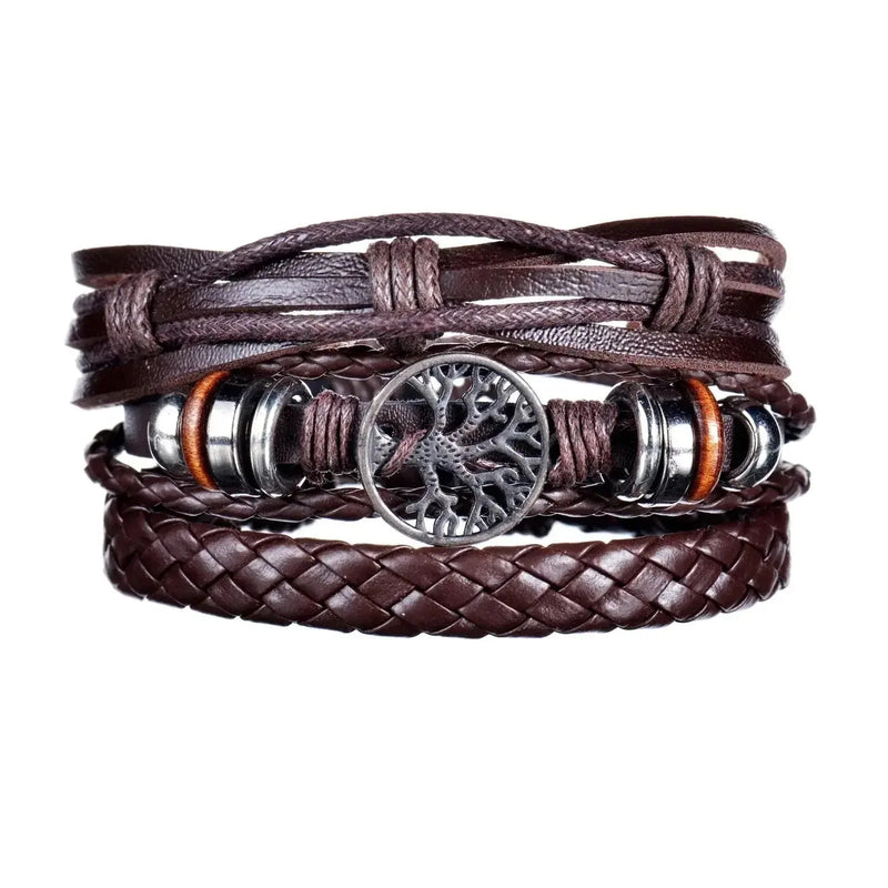 braided leather bracelet for men | vintage charm wood beads | adjustable wrap wristband | energy saving