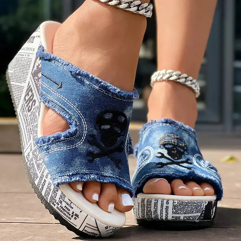 Newspaper Skull Original Hem Platform Wedge Slides - Anklet Not Included Meifu Market
