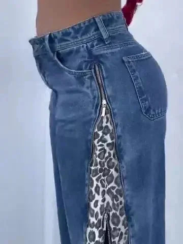 leopard print jeans | high-waisted zip-up jeans | stretch denim fabric | ultrasonic cleaning