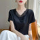 Acetate V-Neck Loose Short-Sleeve Top - Women's Commute Style - back view (material: denim, silk | color: white, black |...