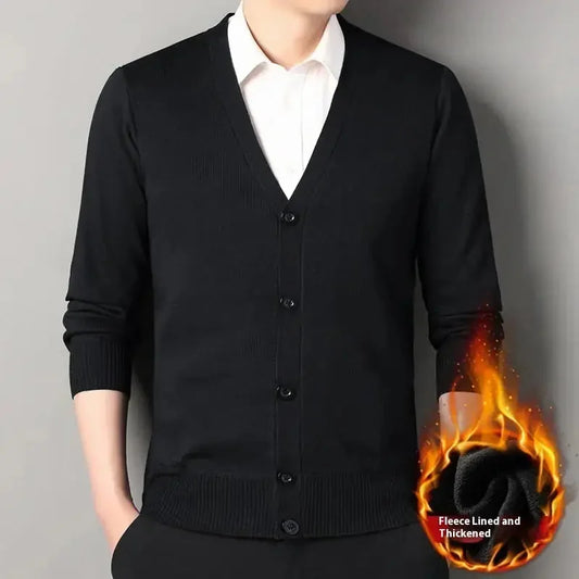 Men's Thickened Casual Knitted Sweater Cardigan - Wool Lined Long Sleeve Coat