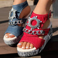 Newspaper Buckle Denim Wedge Slides - Anklet Not Included Meifu Market