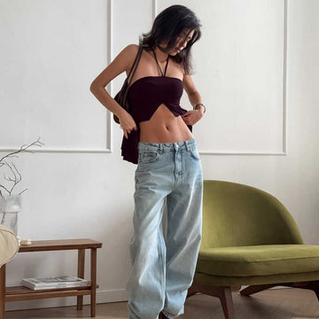 Women's Halterneck Backless Camisole | Modal Slit Top Brown - Meifu Market
