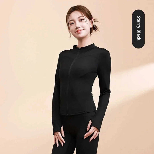 quick-dry fabric | breathable yoga jacket | moisture-wicking material | ultrasonic cleaning