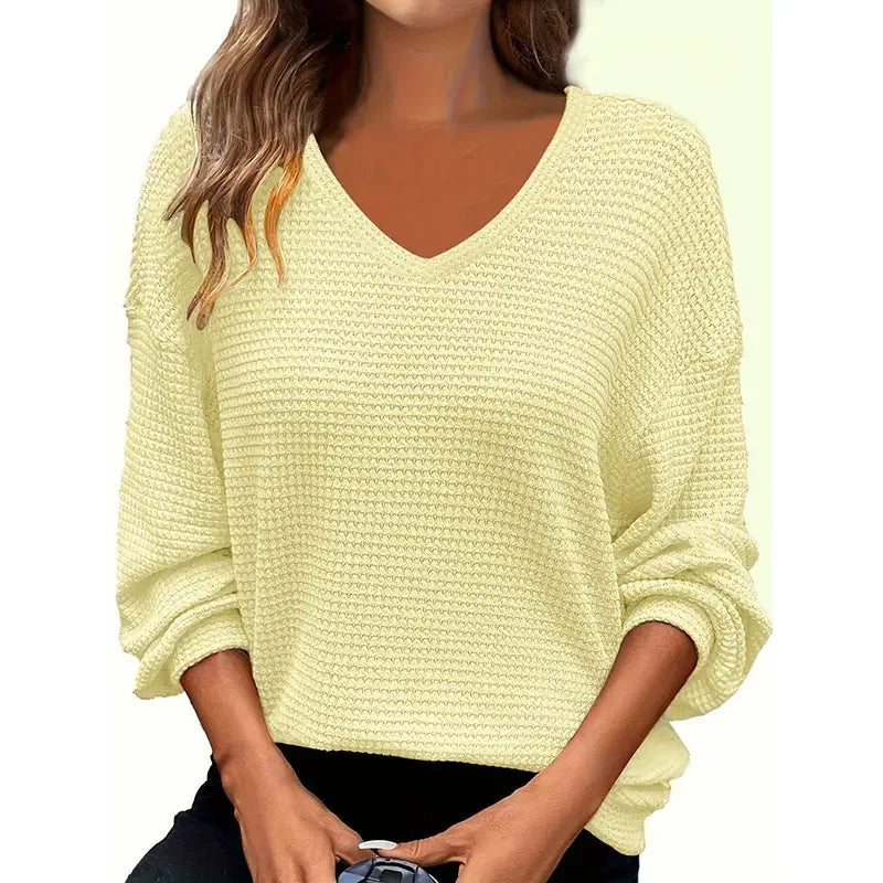 Plus Size Women's Casual V-Neck Pineapple Texture Knit Top Solid Color Long Sleeve Breathable Pullover For Spring Fall Meifu Market