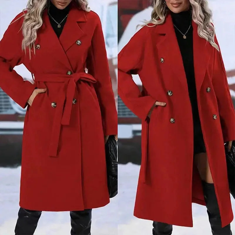 double-breasted trench coat women | long wool blend coat | belted winter jacket | ultrasonic cleaning