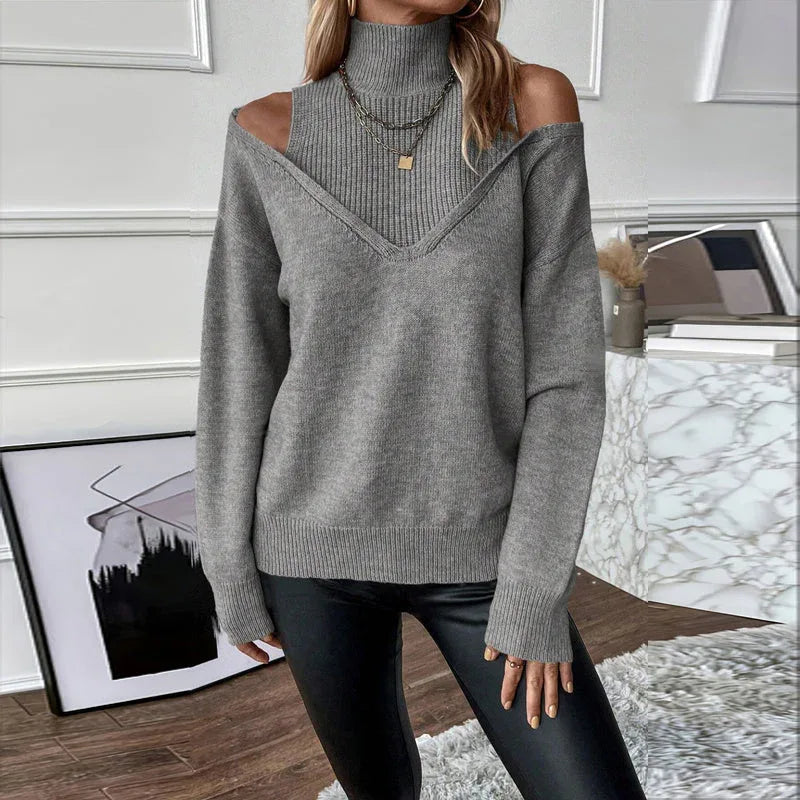 Women's Elegant Off-Shoulder Turtleneck Sweater, Solid Color Long Sleeve Knit Top For Autumn & Winter Meifu Market